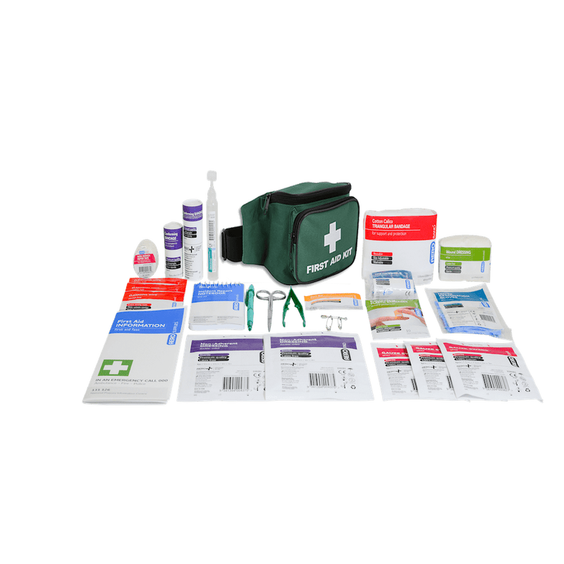 The green bumbag kit standing behind its contents laid out in rows, including bandages, dressings, plastic strips, gloves and wipes