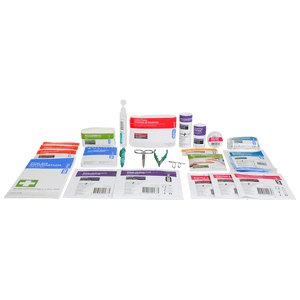 The refill contents laid out in rows without a case, including bandages, dressings, plastic strips, gloves and wipes
