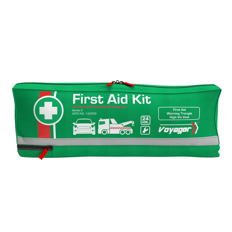 Long green roadside soft pack with reflective strips, a carry handle and a white cross roundel, printed First Aid, Warning Triangle and High-Vis Vest with a tow truck icon and the Voyager mark