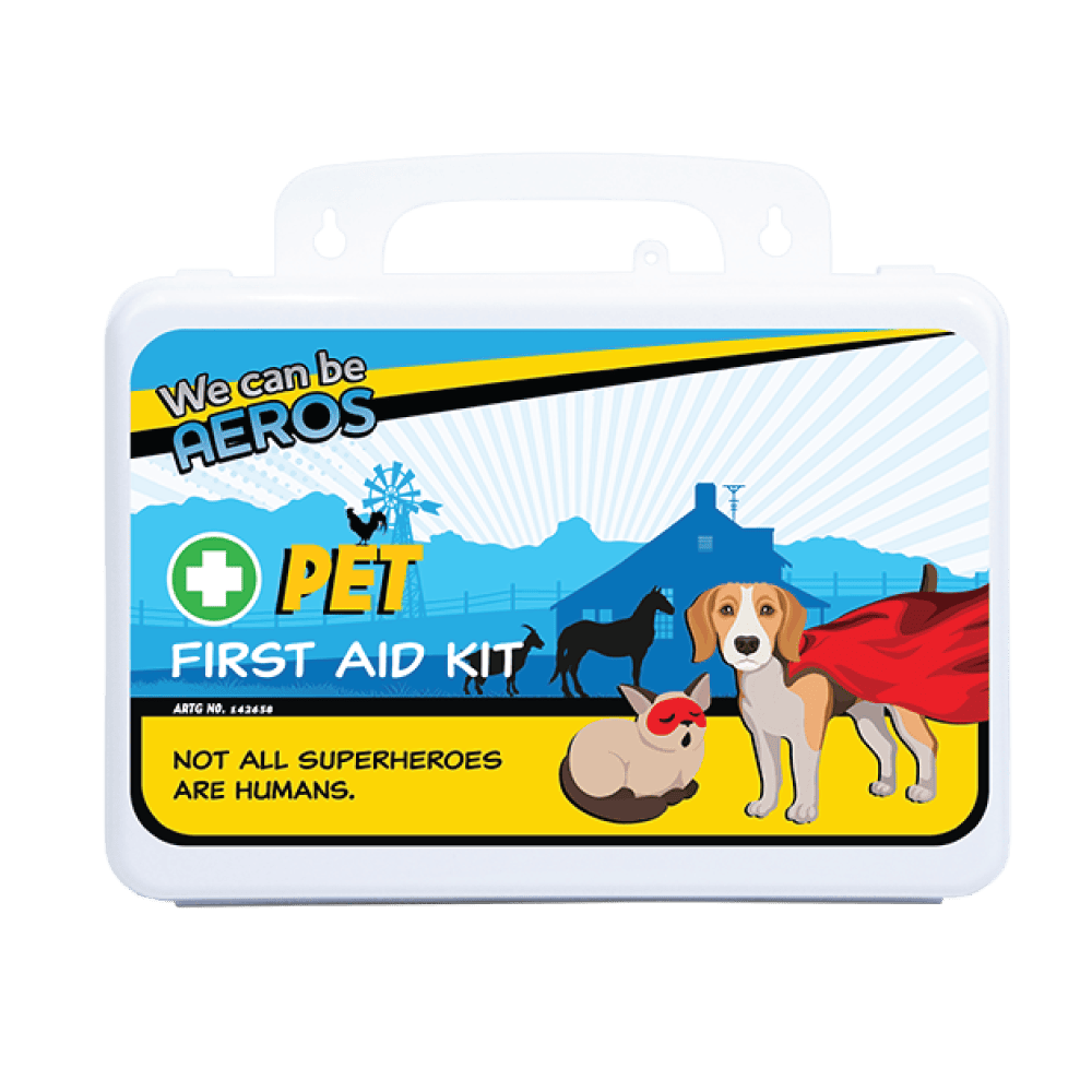 The same white pet first aid case shown on its own, printed We can be AEROS PET First Aid Kit