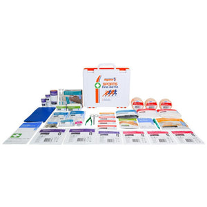 The sports kit refill contents laid out in rows across several columns with the case behind them