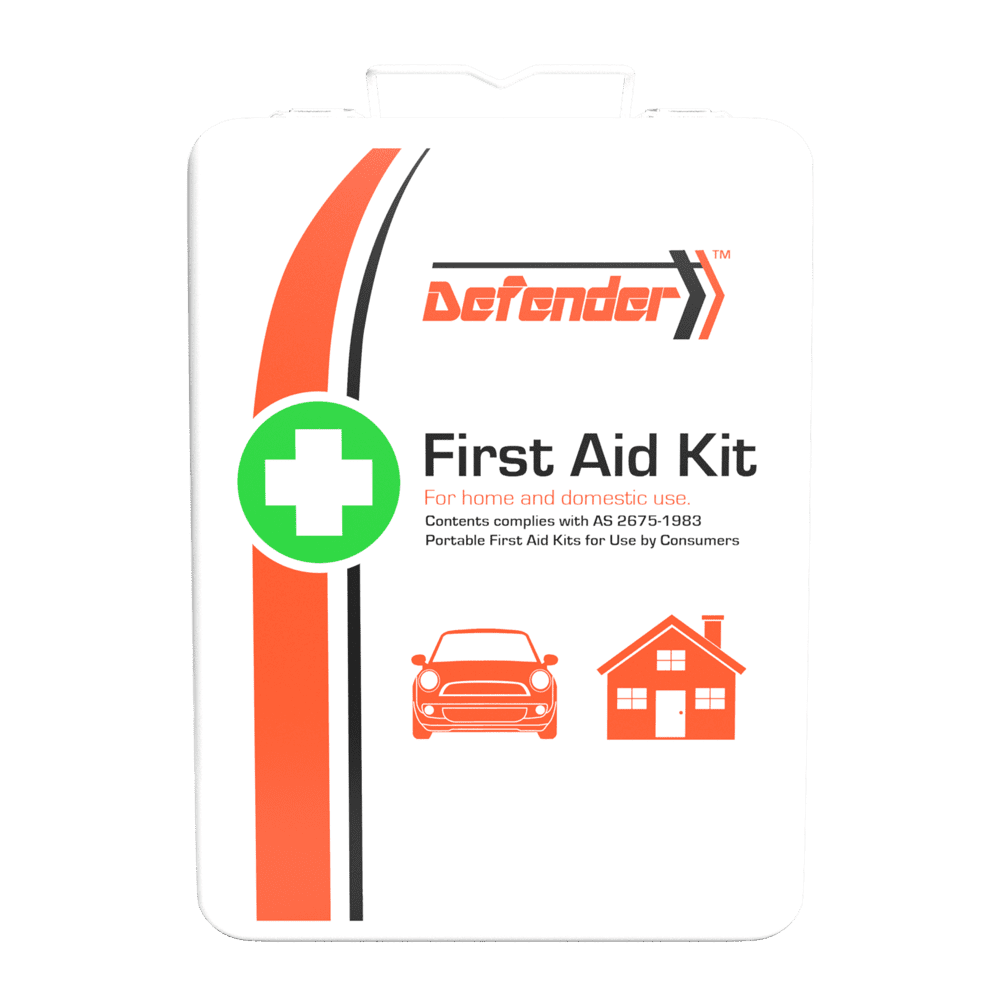 White metal case printed Defender First Aid Kit for home and domestic use, complies with AS 2675-1983, with car and house icons