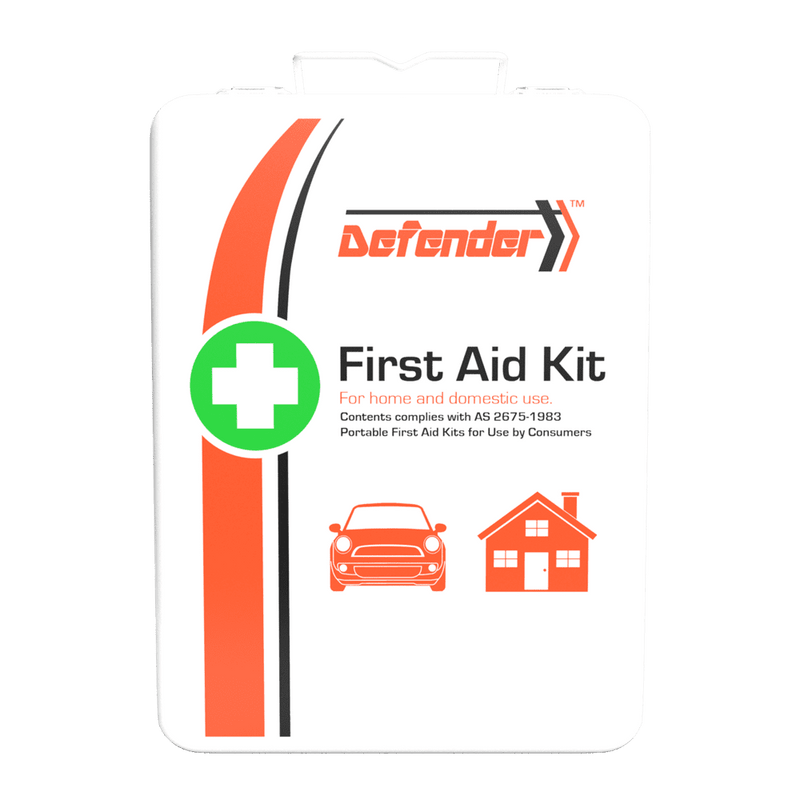 White metal case printed Defender First Aid Kit for home and domestic use, complies with AS 2675-1983, with car and house icons