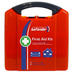 Orange plastic case with a black moulded handle, printed Defender First Aid Kit for home and domestic use with car and house icons