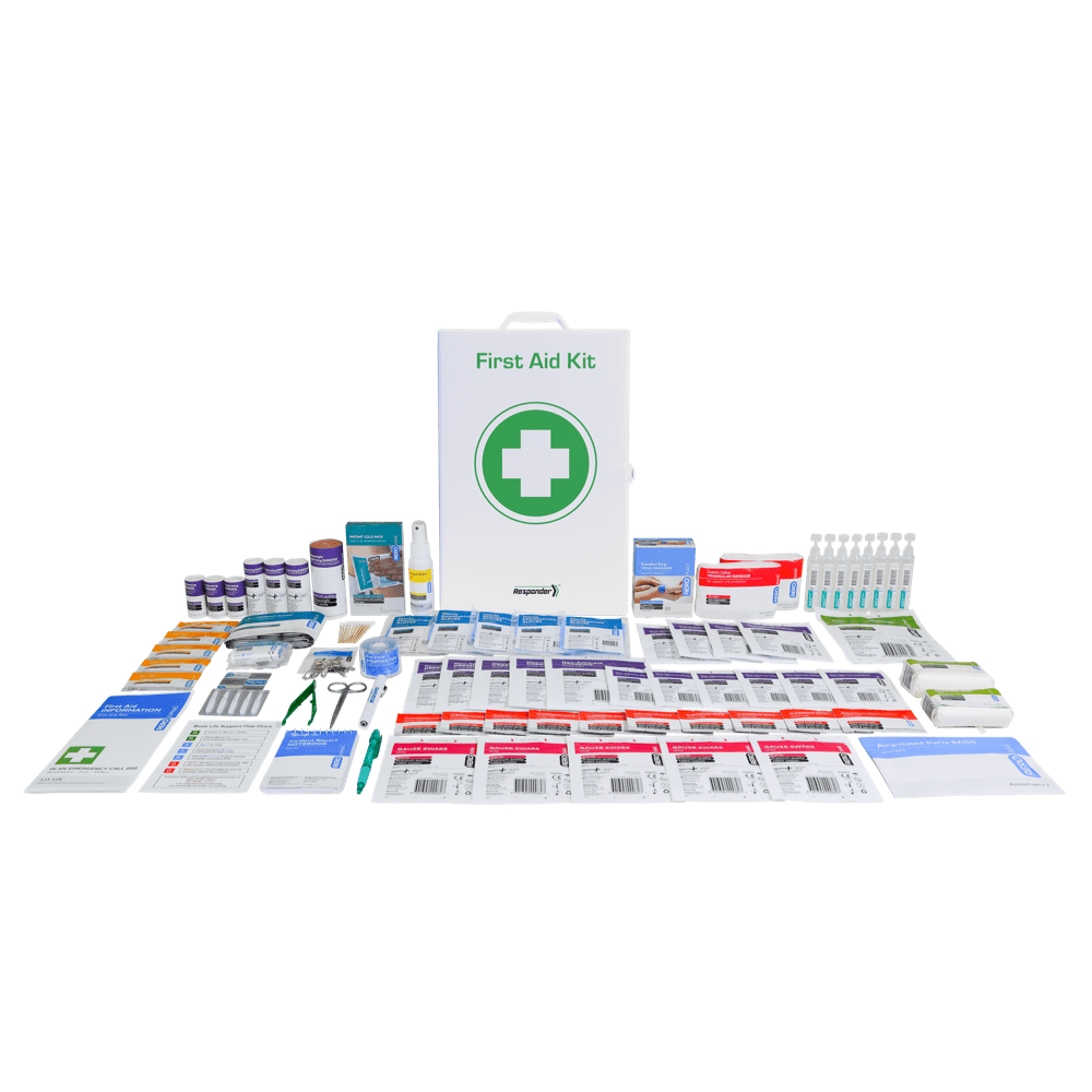 The white metal cabinet standing behind the food and beverage kit contents laid out in rows across several columns