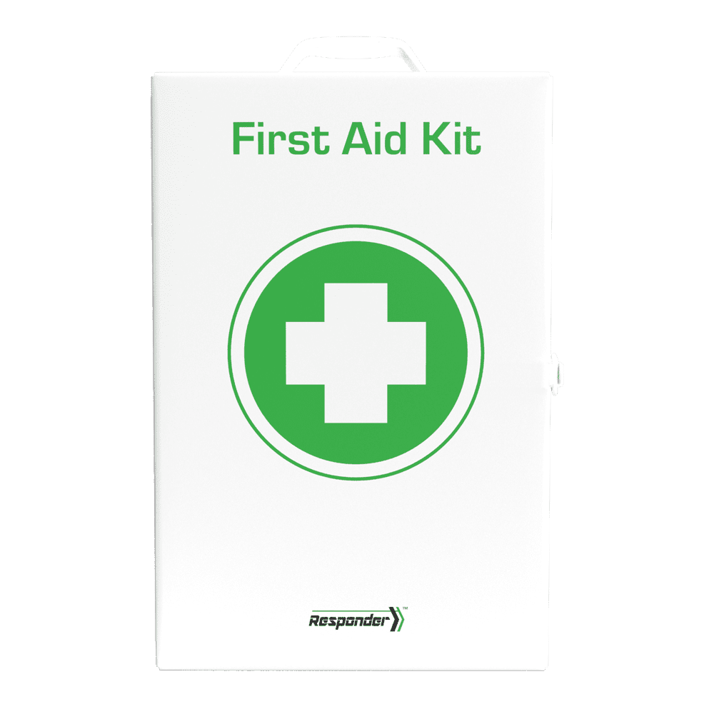 White metal wall cabinet with a large green cross and the Responder mark