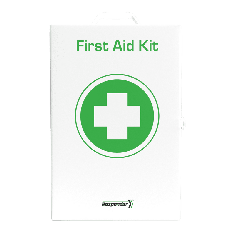 White metal wall cabinet with a large green cross and the Responder mark