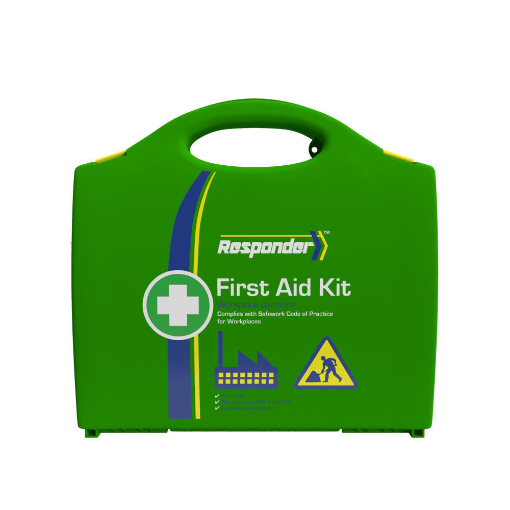 Green plastic first aid case with a moulded handle, the Responder mark, a green cross roundel and factory and worker icons, printed Workplace standard, complies with Safework Code of Practice for Workplaces