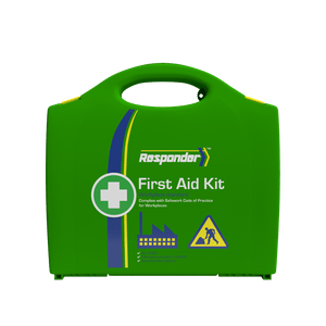 Green plastic first aid case with a moulded handle, the Responder mark, a green cross roundel and factory and worker icons, printed Workplace standard, complies with Safework Code of Practice for Workplaces