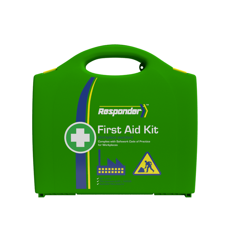 Green plastic first aid case with a moulded handle, the Responder mark, a green cross roundel and factory and worker icons, printed Workplace standard, complies with Safework Code of Practice for Workplaces