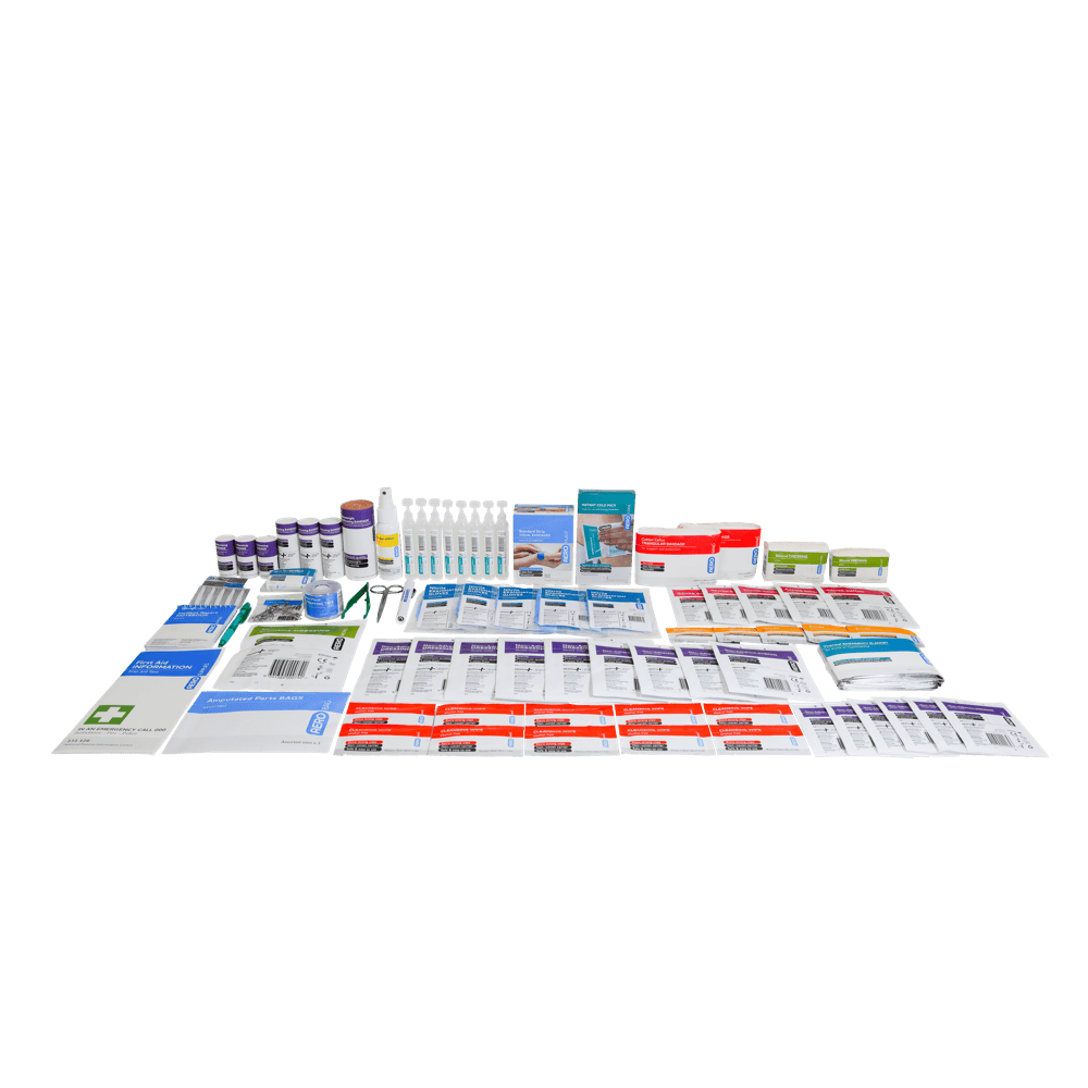 The food and beverage refill contents laid out in rows across several columns without a case