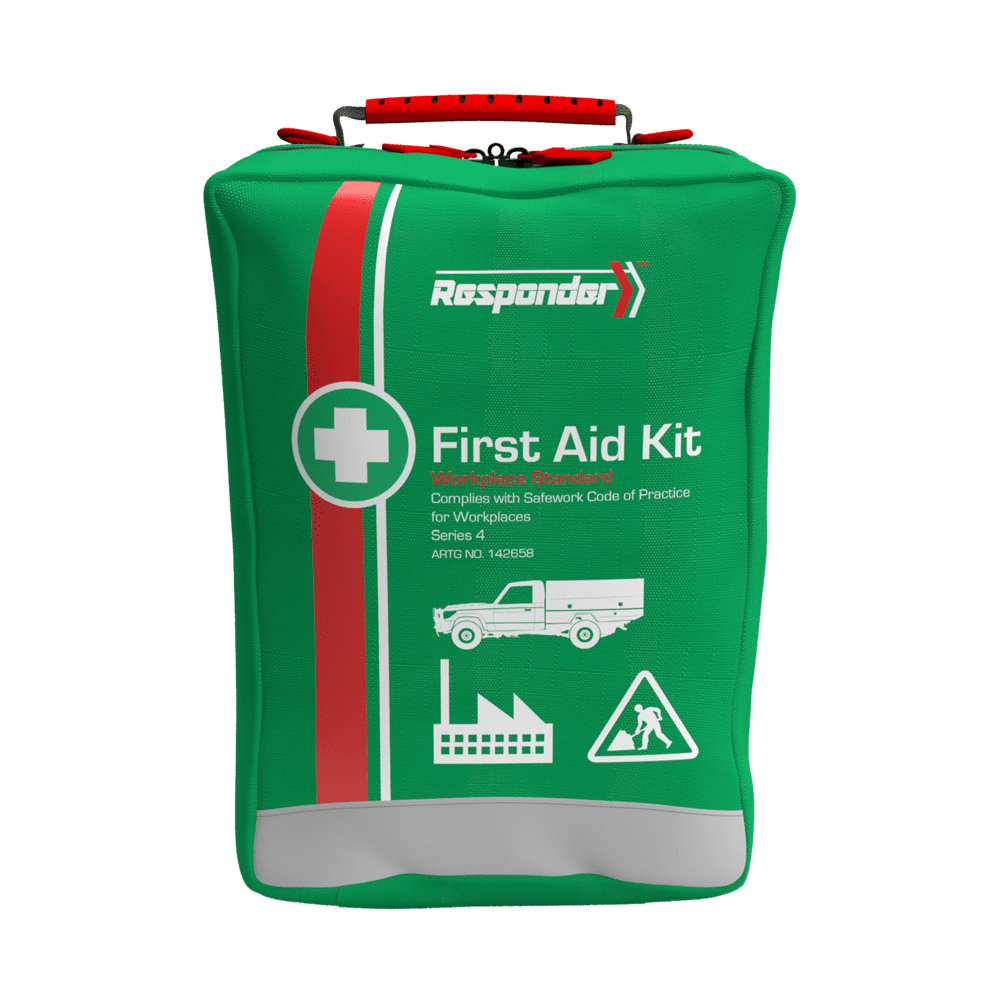 Green soft pack with a red stripe, a reflective panel and a red carry handle, the Responder mark