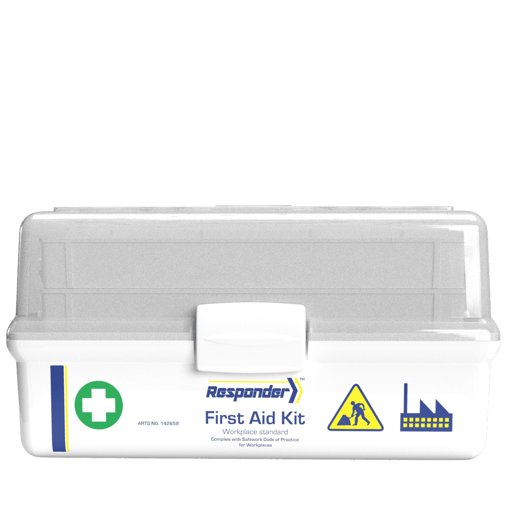 White tacklebox case with a clear hinged lid, the Responder mark, a green cross roundel and factory and worker icons