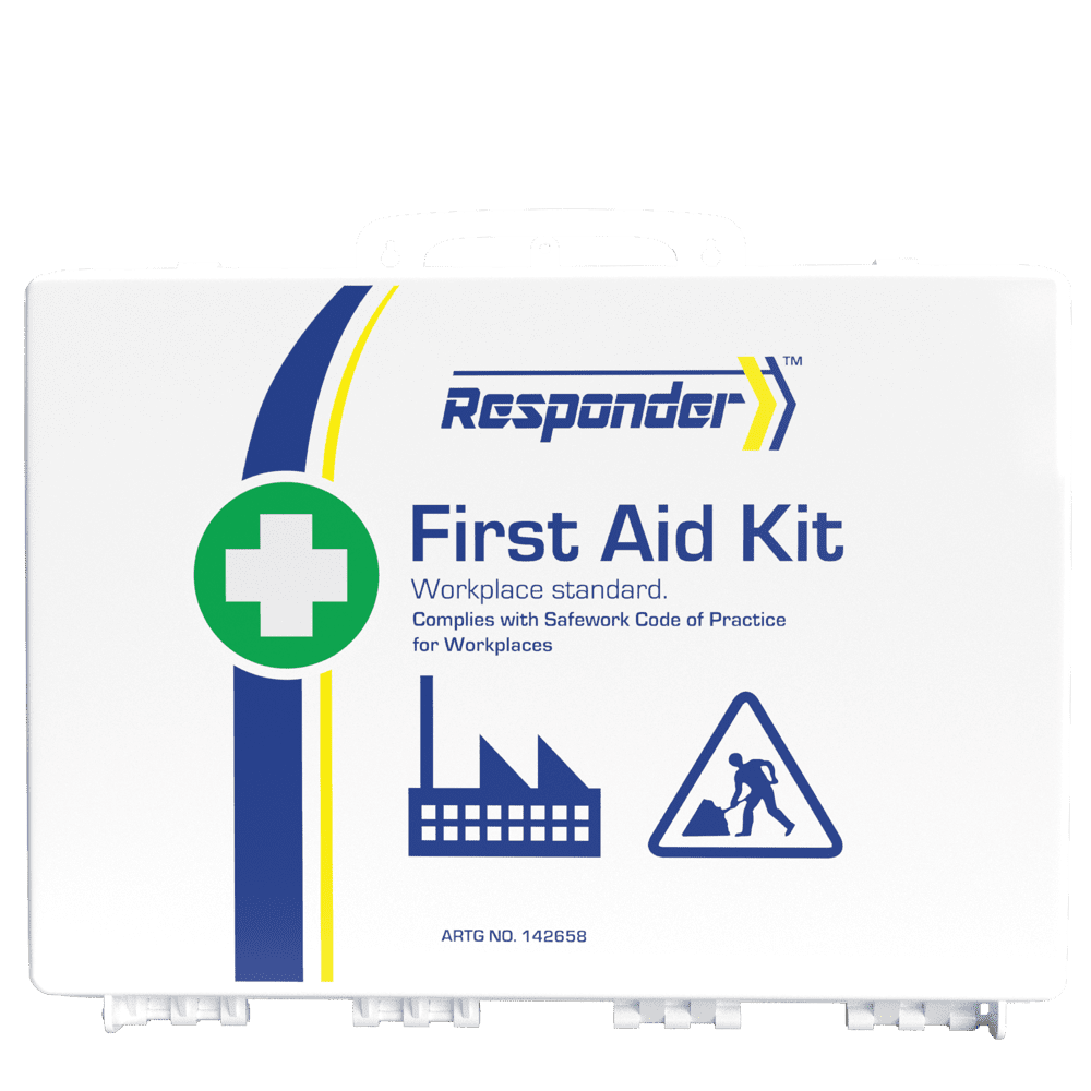 White weatherproof plastic case with a blue and yellow stripe, the Responder mark, factory and worker icons