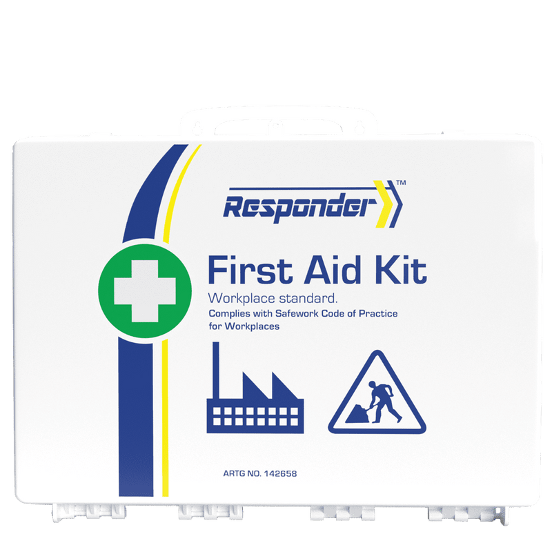 White weatherproof plastic case with a blue and yellow stripe, the Responder mark, factory and worker icons