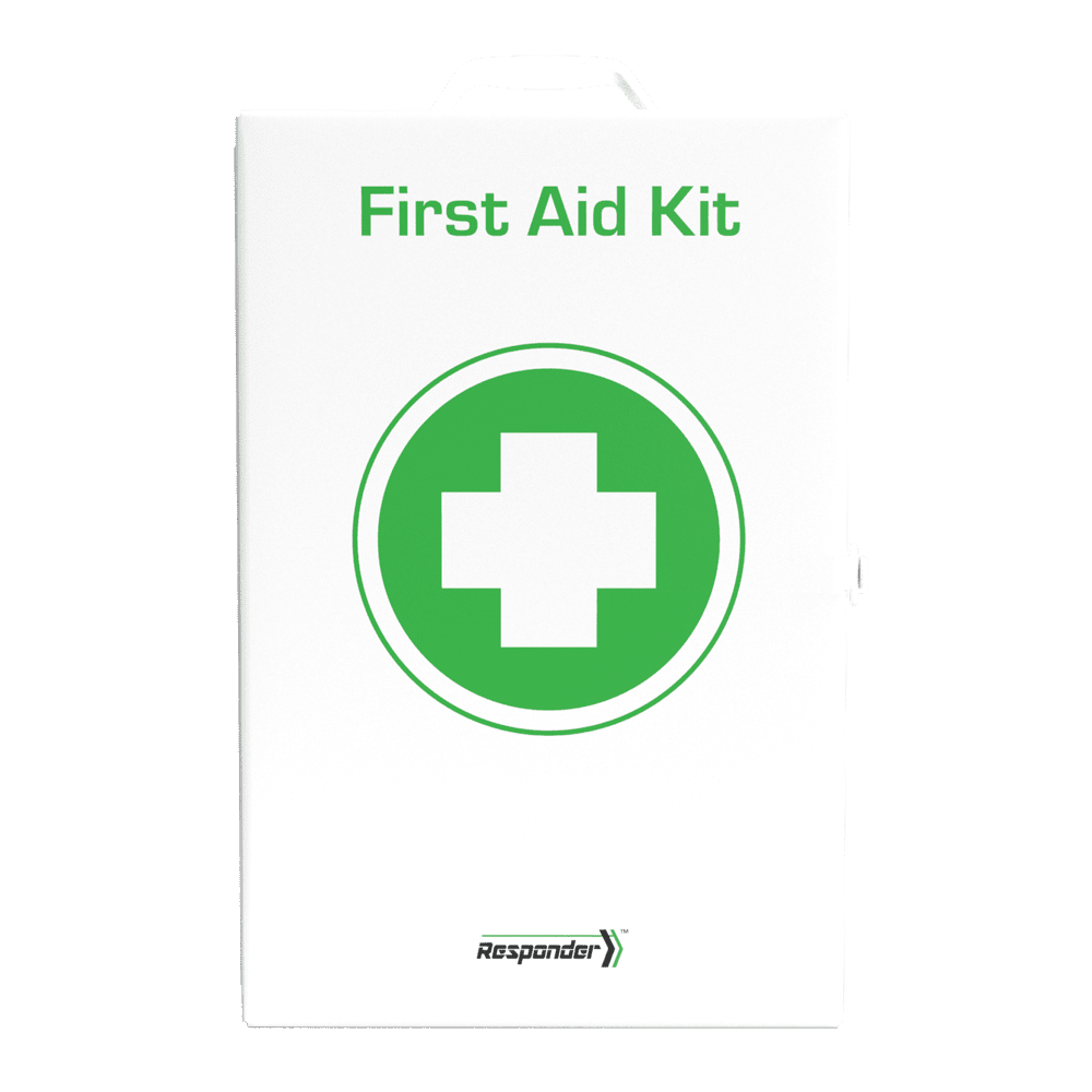 White metal wall cabinet first aid kit with a large green cross on the door and a side latch