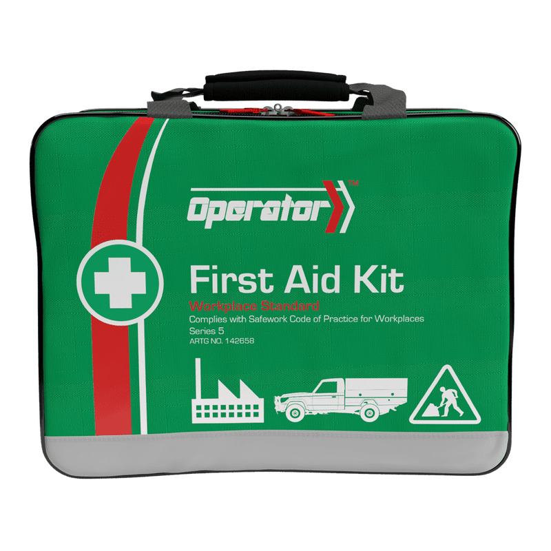Green soft pack with a red stripe, a reflective panel and a carry handle, the Operator mark