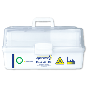 White tacklebox case with a clear hinged lid, the Operator mark, a green cross roundel and factory and worker icons