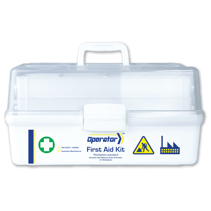 White tacklebox case with a clear hinged lid, the Operator mark, a green cross roundel and factory and worker icons
