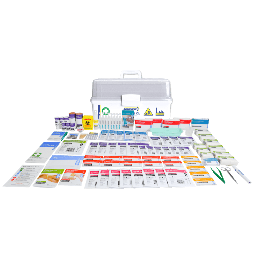 The tacklebox standing behind its contents laid out in rows across several columns