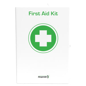 White metal wall mounted first aid cabinet photographed closed and square on, with the words first aid kit and a green cross inside a green circle printed on the door