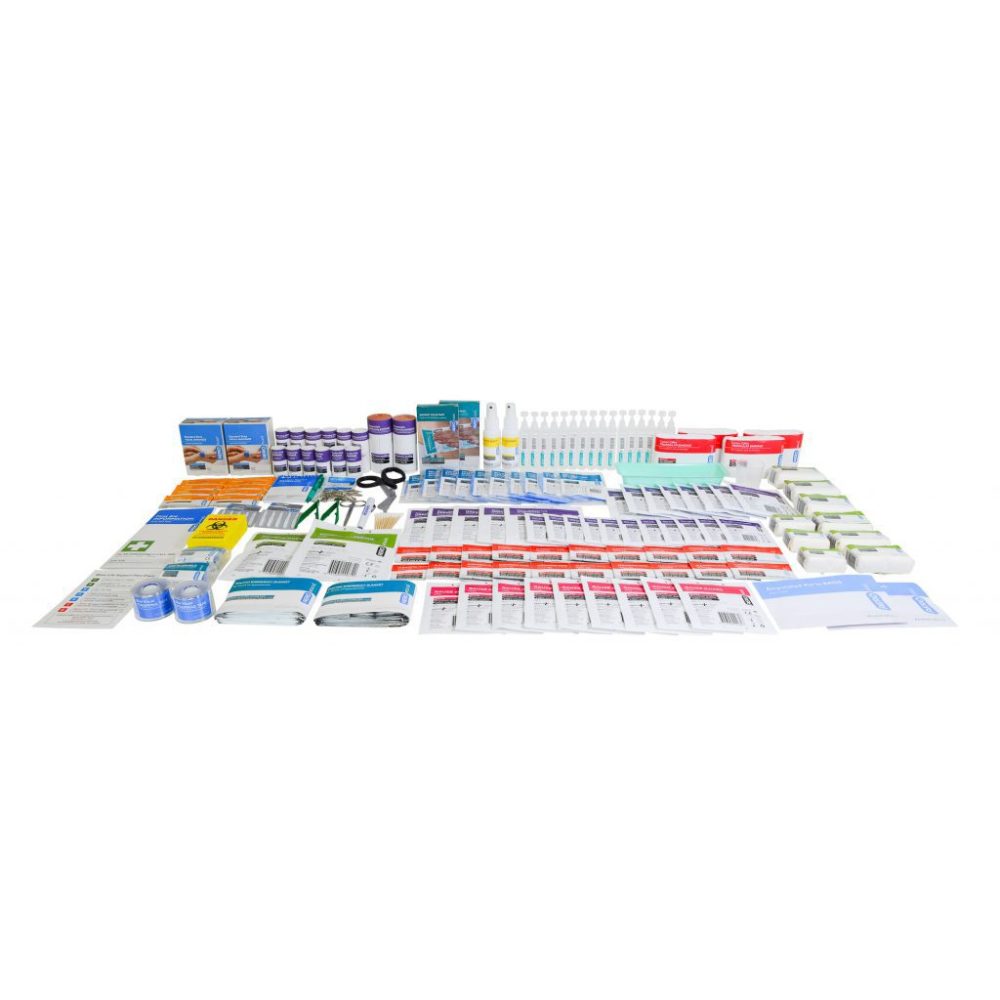 The food and beverage refill contents laid out in rows across several columns without a case