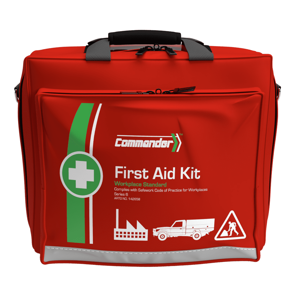 Large red soft pack with a black carry handle and shoulder strap, the Commander mark, a green cross roundel, printed Workplace Standard Series 6 with ute and factory icons