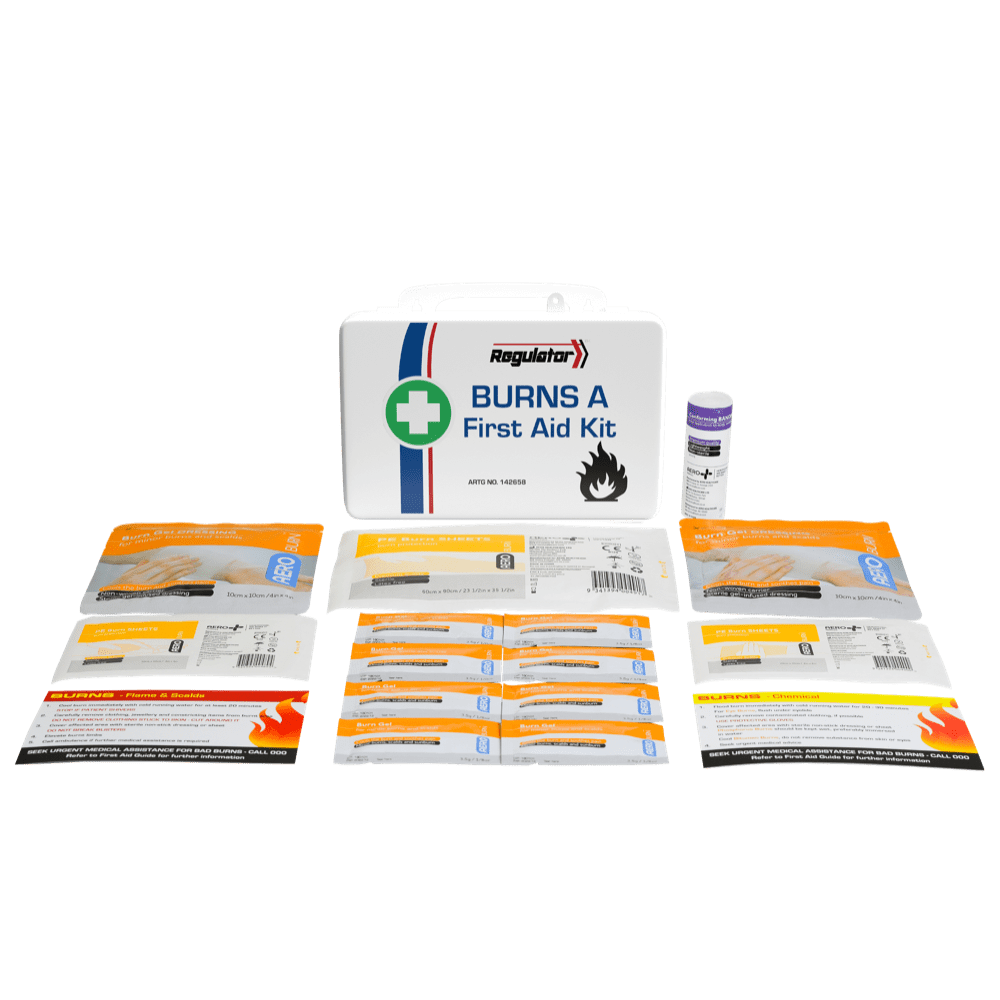 The white burns case standing behind its contents laid out in rows, including burn dressings and burn gel sachets