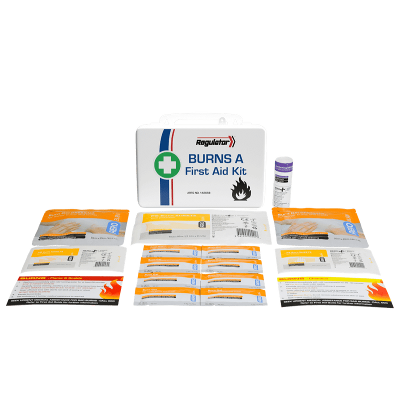The white burns case standing behind its contents laid out in rows, including burn dressings and burn gel sachets