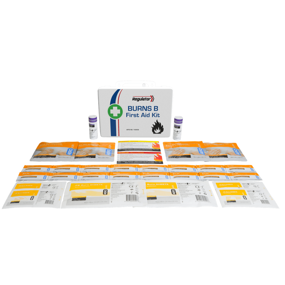 The white burns case standing behind its contents laid out in rows, including burn dressings and burn gel