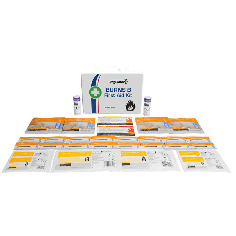 The white burns case standing behind its contents laid out in rows, including burn dressings and burn gel