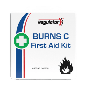 White plastic case with a moulded handle, the Regulator mark, a green cross roundel and a flame icon, printed BURNS C First Aid Kit with ARTG NO. 142658