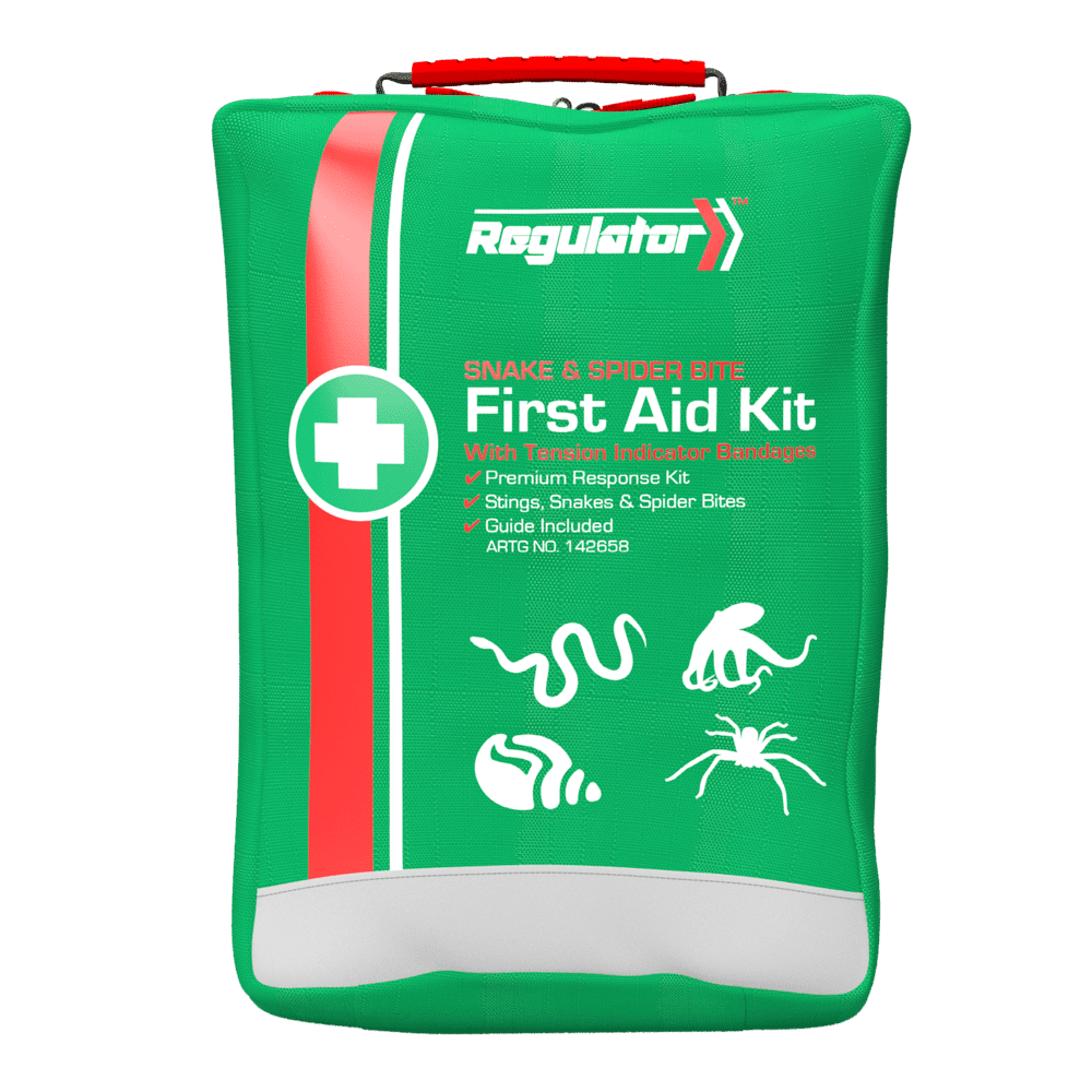 Green soft pack with a red stripe and a red carry handle, the Regulator mark, printed Snake and Spider Kit First Aid Kit with Tensor Indicator Bandage and ARTG NO. 142658, with snake and spider icons