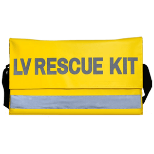 Yellow soft case with a reflective strip and a carry strap, printed LV RESCUE KIT in large black lettering