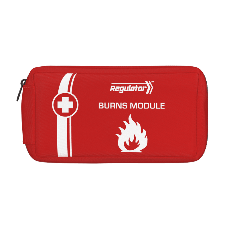 Red zipped module pouch with the Regulator mark and a flame icon, printed BURNS MODULE