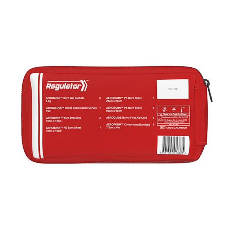 The back of the red module printed with its contents list and barcode