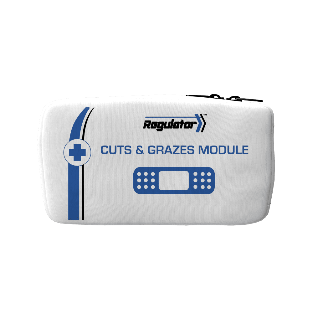 White zipped module pouch with the Regulator mark, a blue cross roundel and a plaster icon, printed CUTS AND GRAZES MODULE