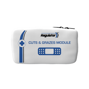 White zipped module pouch with the Regulator mark, a blue cross roundel and a plaster icon, printed CUTS AND GRAZES MODULE