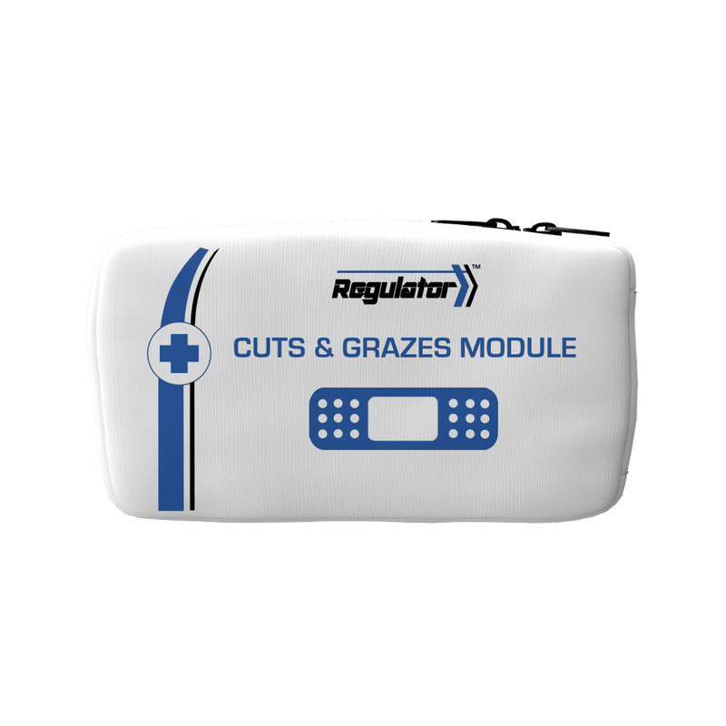 White zipped module pouch with the Regulator mark, a blue cross roundel and a plaster icon, printed CUTS AND GRAZES MODULE