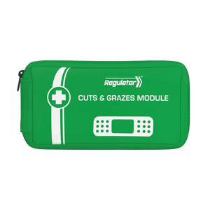 Green zipped module pouch with the Regulator mark, a green cross roundel and a plaster icon, printed CUTS AND GRAZES MODULE