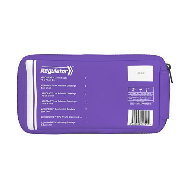 The back of the purple module printed with its contents list and barcode