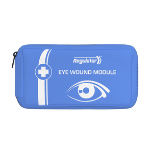 Blue zipped module pouch with the Regulator mark, a white cross roundel and an eye icon, printed EYE WOUND MODULE
