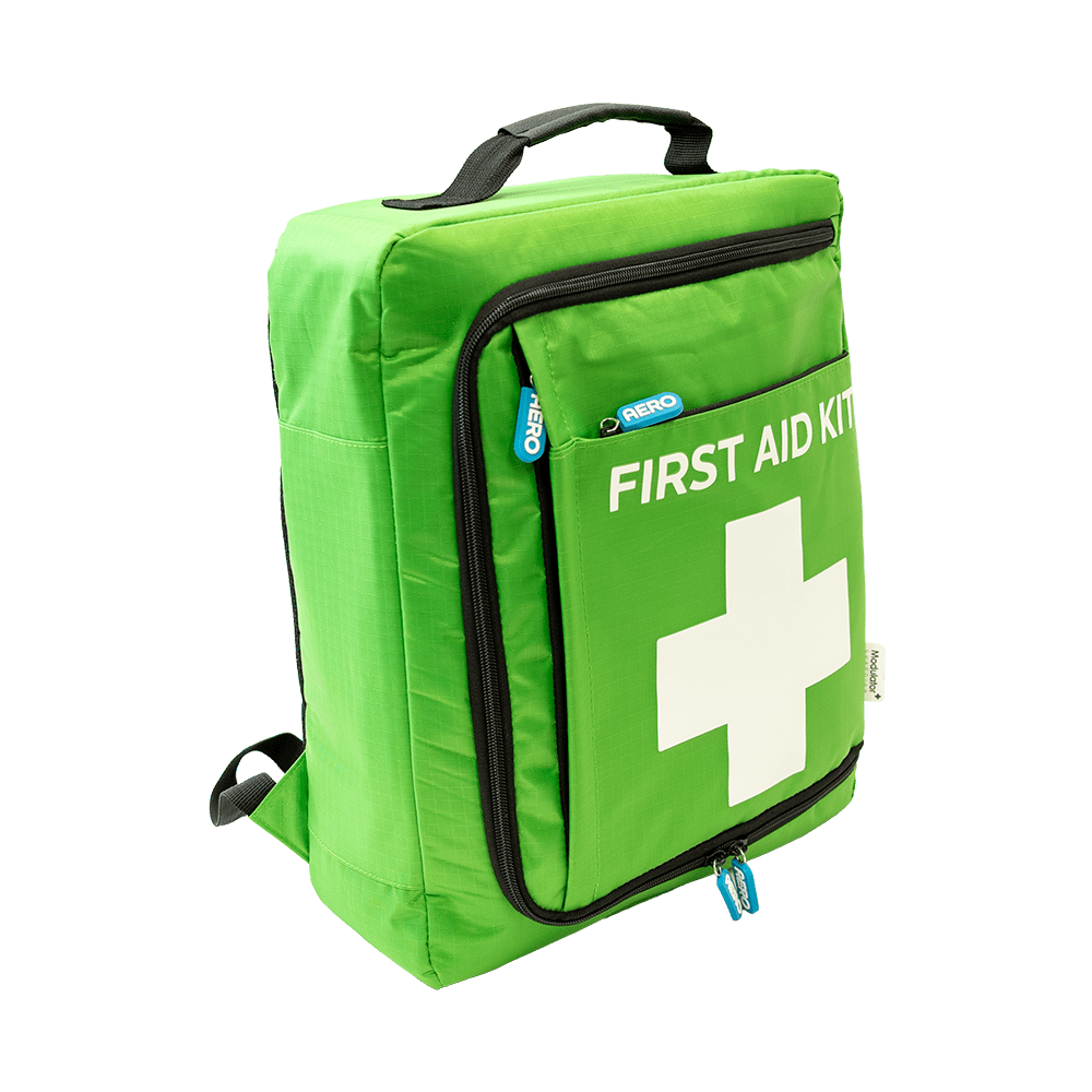 Green first aid backpack with a top carry handle, a white cross on the front pocket and printed FIRST AID KIT