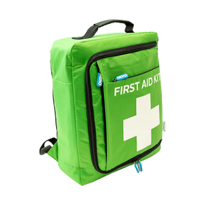 Green first aid backpack with a top carry handle, a white cross on the front pocket and printed FIRST AID KIT