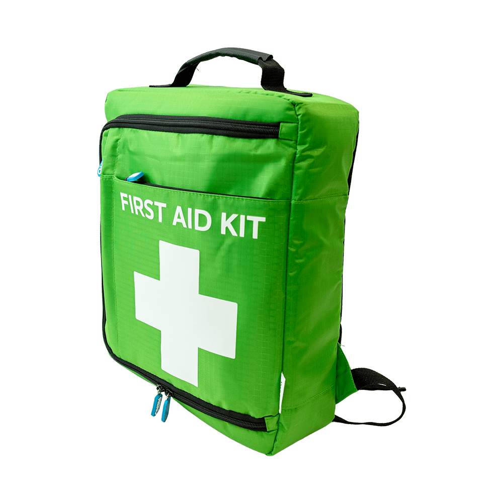 The same green backpack photographed from the other side, showing its shoulder straps