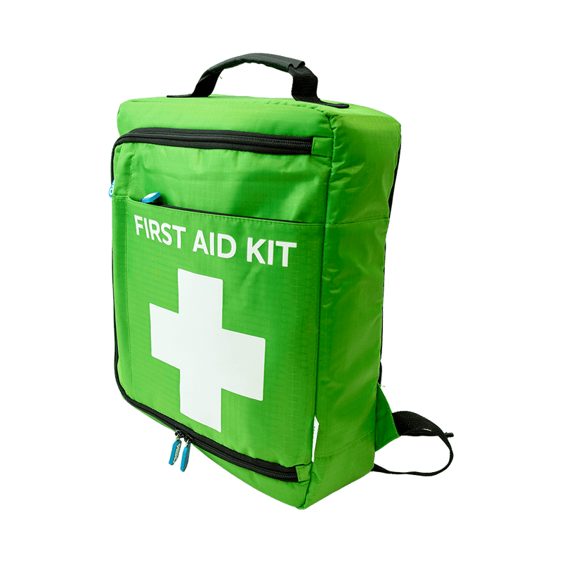 The same green backpack photographed from the other side, showing its shoulder straps