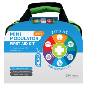 Retail pack printed MINI MODULATOR FIRST AID KIT for household, vehicles and adventures, 134 items