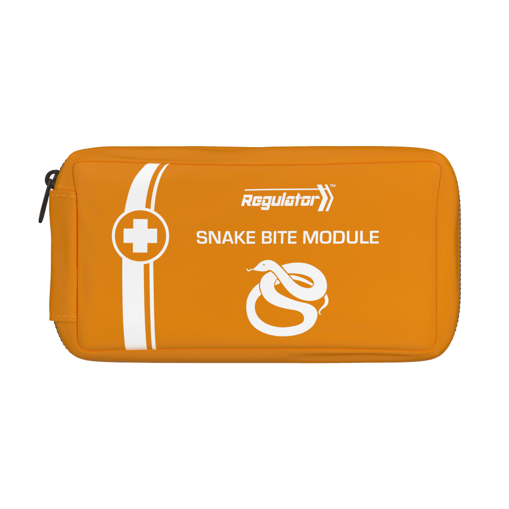 Orange zipped module pouch with the Regulator mark, a white cross roundel and a snake icon, printed SNAKE BITE MODULE