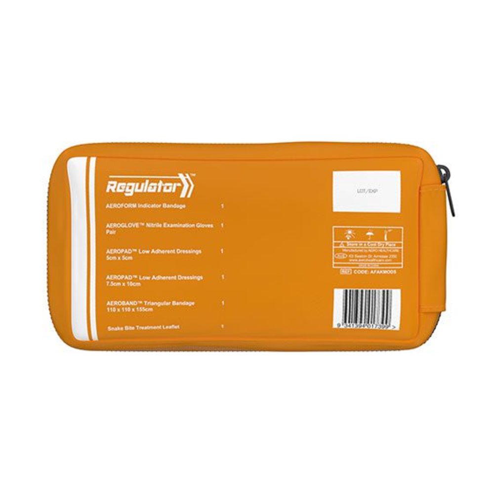 The back of the orange module printed with its contents list and barcode