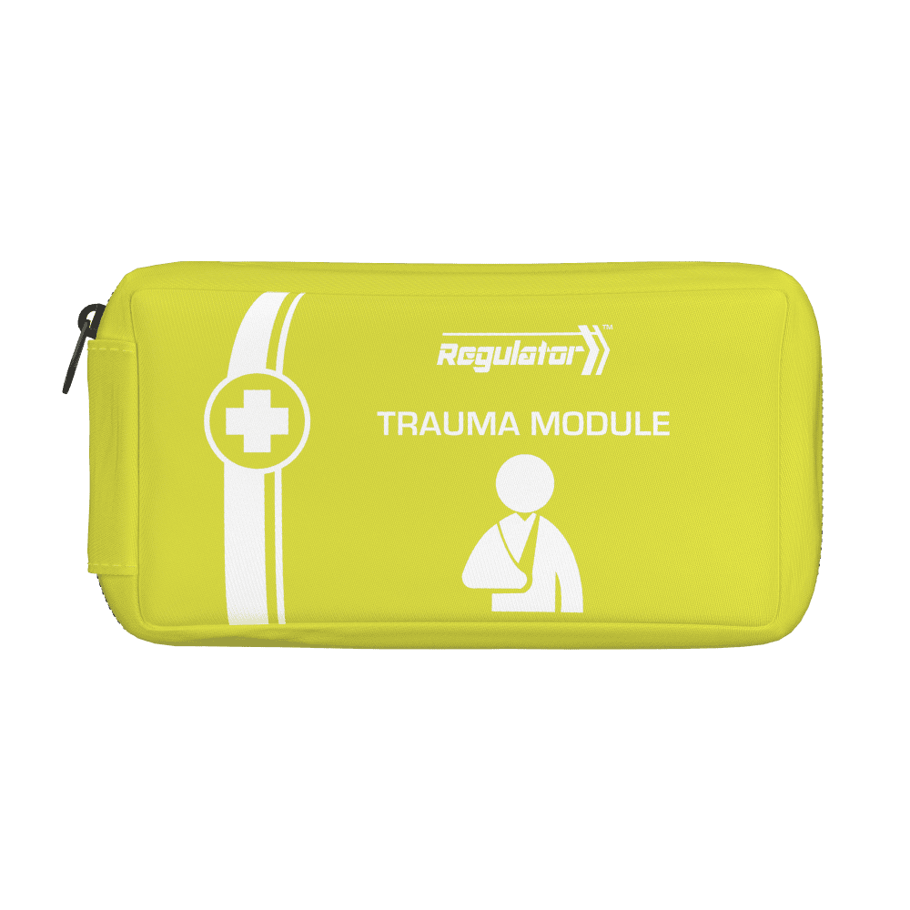 Yellow zipped module pouch with the Regulator mark, a white cross roundel and a casualty icon, printed TRAUMA MODULE